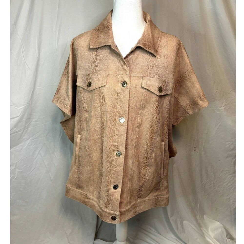 Chicos Womens Trucker Cape Oversized Ruena Desert Tan Faux Suede Reptile Print